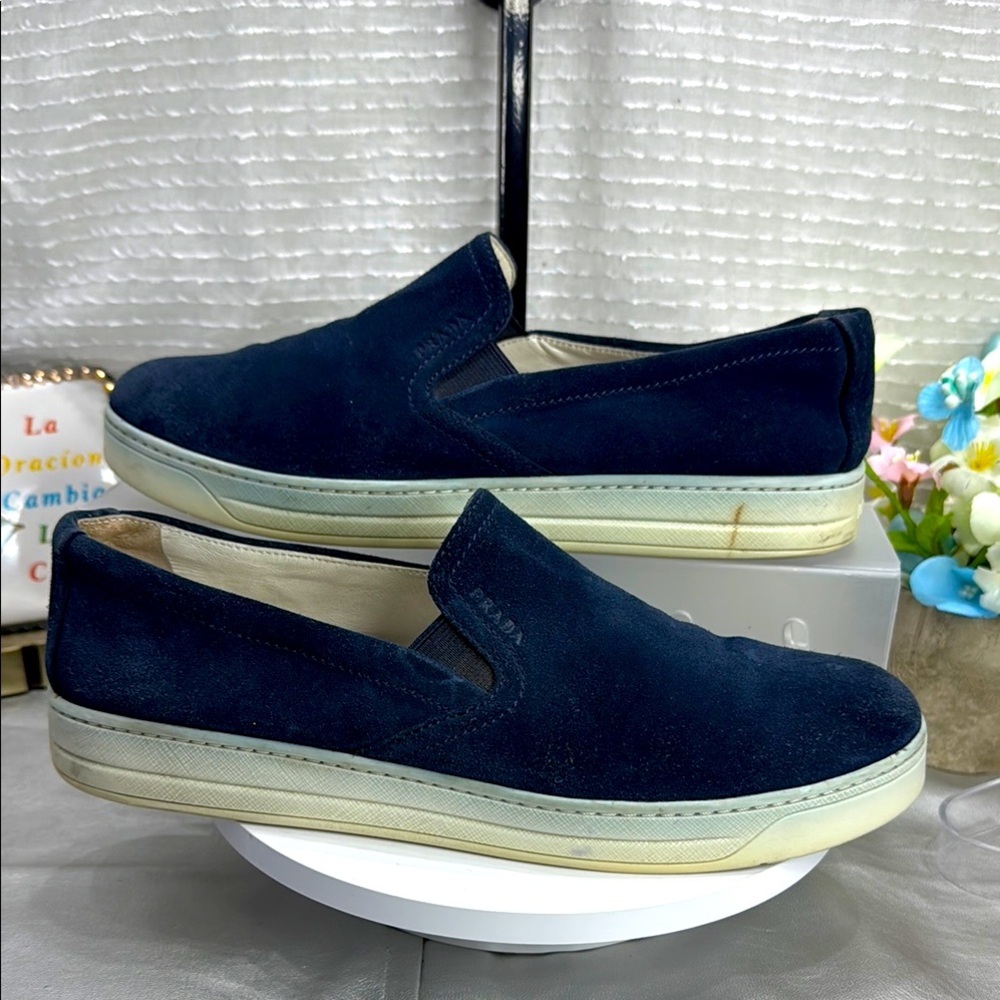 (H3) Prada Sport women's blue suede slip-on sneakers with round toe Women's 9.5